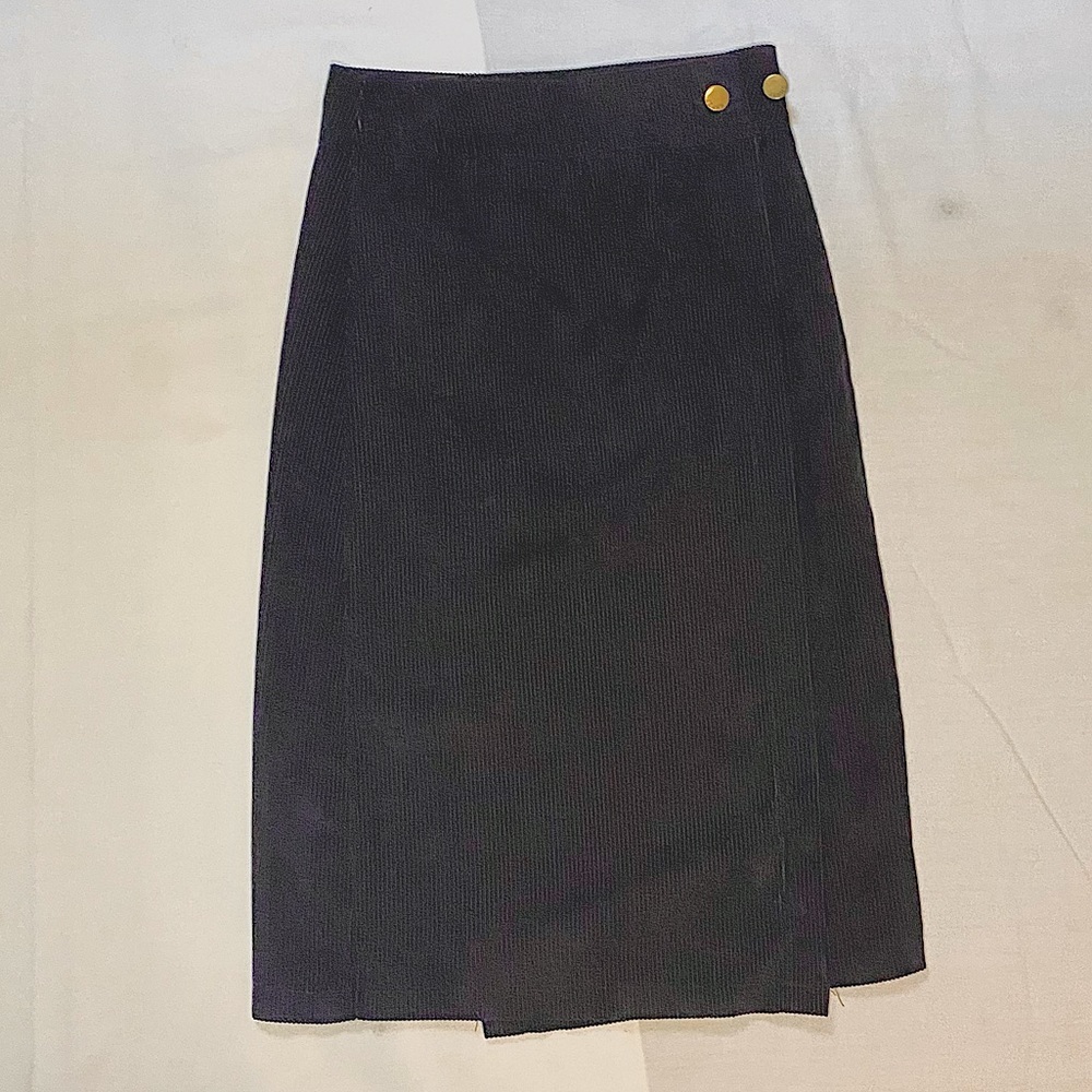 Corduroy Black Knee Length Skirt with Gold Button Detail